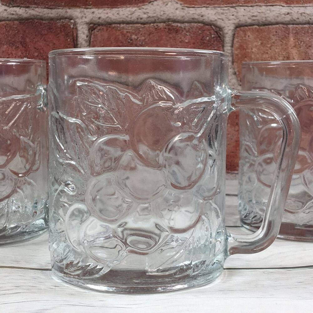 KIG Set of 4 Vintage Heavy Clear Glass Mugs Embossed Grapes & Leaves Indonesia